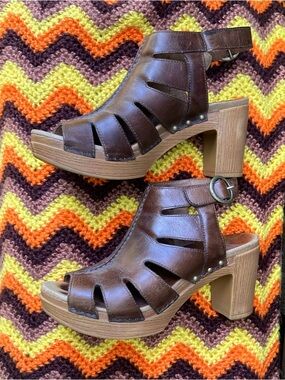 Dansko Brown Leather Cutout Block Heel Sandals